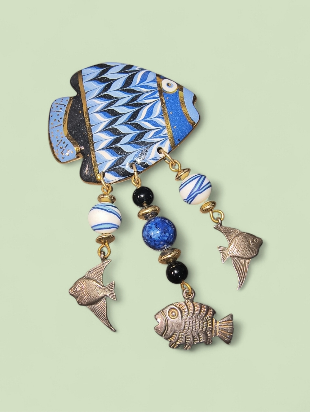 Handcrafted Large Ceramic Fish Brooch With Beaded Silver Dangles